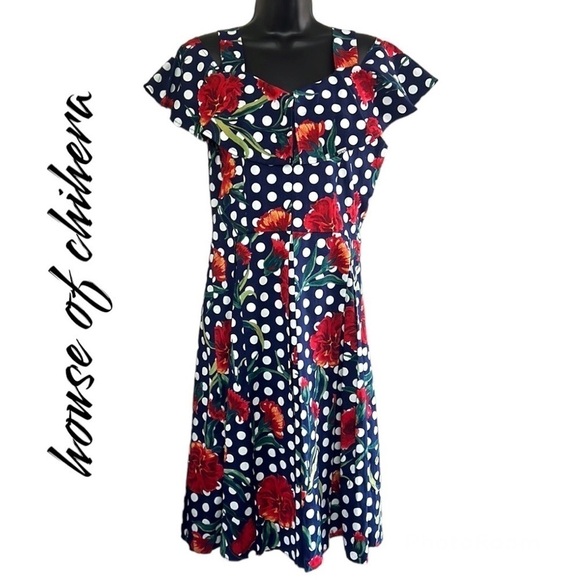 Vintage🧚‍♀️House Of Chihera Floaty Sleeve Polka Dot Rose Print Dress SizeM - Picture 1 of 14